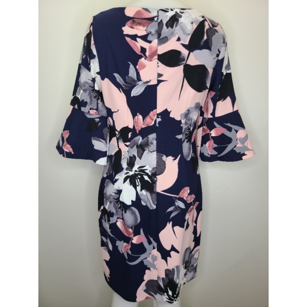 Vince Camuto Navy Blue and Pink Floral Print Bell Sleeve Spring Summer Dress 10 - Picture 9 of 15